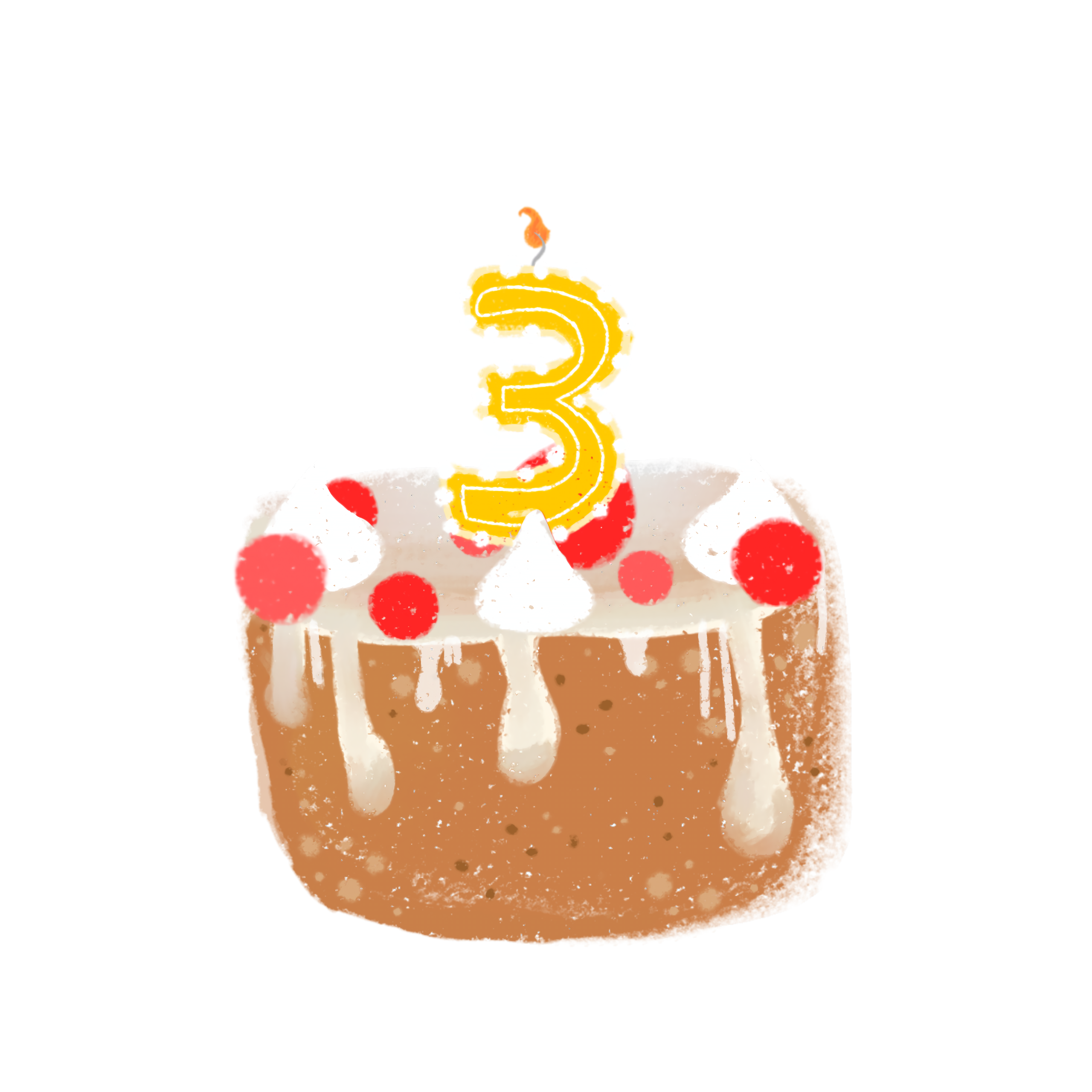 A drawn cake, inspired by Minecraft, is depicted. It has a brown base, topped with white frosting that drips down the sides. Scattered across the frosting are red cherries and small white swirls. A yellow number '3' candle is placed on top of the cake. 